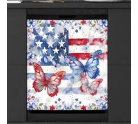 Mexpekil Red Blue American Flag Butterfly Dishwasher Magnet Cover 21x26 in, Decorative Waterproof Dishwasher Magnetic Cover Sticker for Kitchen Appliances