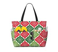 Mexpekil Red Green Snowflakes Retro Large Beach Bags for Women Men Waterproof Sandproof Beach Tote Bag with Zip and Pockets Foldable Summer Holiday Handbags for Travel Pool Seaside