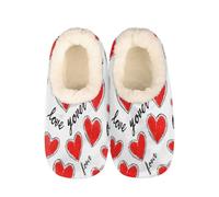 Mexpekil Red Hearts Pattern Words Women's & Men's Slippers with Fluffy Collar Winter Warm House Slippers Anti-Slip Indoor House Shoes Gifts for Mum Dad (Sizes UK 10-11)