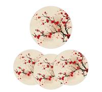 Mexpekil Red Japanese Cherry Blossom Floral Placemats Set of 4 Heat Resistant Round Table Mats Woven Placemats for Dining Table Kitchen, 38 cm