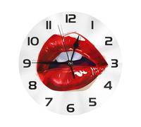 Mexpekil Red Lips Mouth Black Silent Wall Clock Non Ticking 25cm Round Wall Clocks Battery Operated Modern Decorative Clock for Living Room Kitchen Bedroom Office