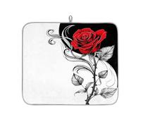 Mexpekil Red Rose Black White Dish Drying Mat 16x18 in, Absorbent Kitchen Counter Mats Dish Drainer Pad, Quick Dry Coffee Bar Mat