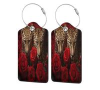 Mexpekil Red Rose Flower Leopard Luggage Tags for Suitcases, 4 Pcs Leather Travel Tags for Luggage with Steel Loop Waterproof Name Id Card, Men Women Kids Travel Gift