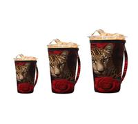 Mexpekil Red Rose Leopard Lover 3 Pack Reusable Iced Coffee Sleeve with Handle, Universal Fit for 16-32 oz Cups Tumbler & Glass, Insulated Neoprene Cup Holder for Cold Beverages and Hot Drinks