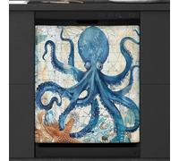 Mexpekil Retro Blue Ocean Octopus Word Map Dishwasher Magnet Cover 21x26 in, Decorative Waterproof Dishwasher Magnetic Cover Sticker for Kitchen Appliances