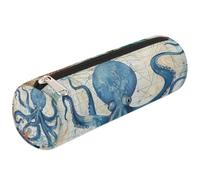 Mexpekil Retro Blue Ocean Octopus Word Map Pencil Case Pen Bag Marker Pouch for Kids Boys Girls Cylinder Round Pencil Cases for School Supplies Organiser