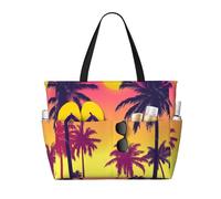 Mexpekil Retro Neon Palm Trees Sunset Large Beach Bags for Women Men Waterproof Sandproof Beach Tote Bag with Zip and Pockets Foldable Summer Holiday Handbags for Travel Pool Seaside