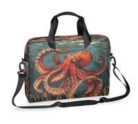 Mexpekil Retro Red Octopus Ocean Laptop Bag for Women Men 14 15.6 16in Padded Computer Briefcase Lightweight Water-Resistant Shoulder Messenger Bag for Work Satchel with Adjustable Strap