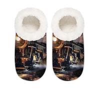 Mexpekil Retro Steam Train House Slippers for Women Men, Vintage Locomotive Train Memory Foam House Shoes Comfy Anti-Slip Slipper Socks for Indoor Bedroom, Sizes 6-6.5