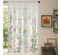 Mexpekil Retro Wildflower Floral Leaves Voile Curtains 84 Drop, Semi Sheer Curtains for Living Room Bedroom Home Kitchen, 55 inches Wide, 1 Panel