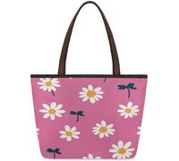 Mexpekil Reusable Tote Bag for Women, Daisy Dragonfly Pink Simple Large Capacity Cute Shoulder Bag for Shopping Grocery, Work, Book