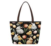Mexpekil Reusable Tote Bag for Women, Easter Eggs Bunny Chick Tulip Pattern Large Capacity Cute Shoulder Bag for Shopping Grocery, Work, Book