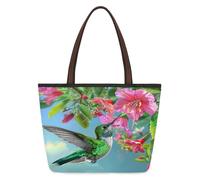 Mexpekil Reusable Tote Bag for Women, Hummingbird And Blooming Flower Large Capacity Cute Shoulder Bag for Shopping Grocery, Work, Book