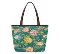 Mexpekil Reusable Tote Bag for Women, Vintage Floral Blooming Green Leaves Large Capacity Cute Shoulder Bag for Shopping Grocery, Work, Book