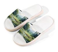 Mexpekil River Forest Scenery Linen Slippers for Women Men Non-Slip House Shoes Open Toe Summer Sliders Slip on Indoor Outdoor Slipper (6-6.5)
