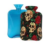 Mexpekil Rose Day of The Dead Skull Hot Water Bottle with Cover, 2L PVC Hot Water Bag for Pain Relief, Feet, Back, Warmth