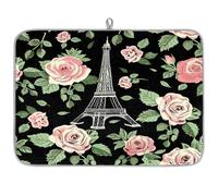 Mexpekil Rose Flower Eiffel Tower Dish Drying Mat 18x24 in, Absorbent Kitchen Counter Mats Dish Drainer Pad, Quick Dry Coffee Bar Mat