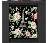 Mexpekil Rose Flower Eiffel Tower Dishwasher Magnet Cover 23x26 in, Decorative Waterproof Dishwasher Magnetic Cover Sticker for Kitchen Appliances