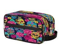 Mexpekil Rose Flower Sugar Skull Pattern Toiletry Bag Organizer Wash Bag Cosmetic Makeup Bag Storage Pouch Travel Case for Women Men Boys Girls