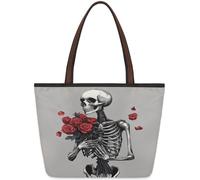 Mexpekil Rose Flowers Skeletal Gothic Tote Bag for Women, Large Shoulder Bag Top Handle Satchel Purse Lightweight Reusable Shopping Work Travel Beach Handbag