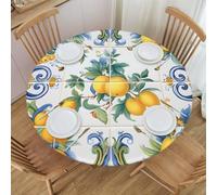 Mexpekil Round Fitted Table Cover with Elastic Edged Boho Lemon Wipe Clean Tablecloth Waterproof Table Protector for Outdoor Indoor M fits 45-50 Inch Round Table