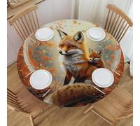 Mexpekil Round Fitted Tablecloth, Waterproof Wipeable Table Cover with Elastic Edge, Fox In The Autumn Forest Round Table Protector for Kitchen Dining Tables, S, 40-44 Inch
