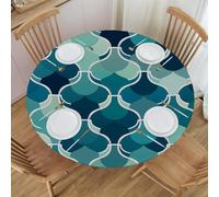 Mexpekil Round Fitted Tablecloth, Waterproof Wipeable Table Cover with Elastic Edge, Green Quatrefoil Wave Pattern Round Table Protector for Kitchen Dining Tables, S, 40-44 Inch