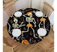 Mexpekil Round Tablecloth Covers, Funny Mexica Dancing Skeleton Halloween Circular Tablecloth, Elastic Waterproof Table Cover for Outdoor Indoor Kitchen Garden Dining Room, M