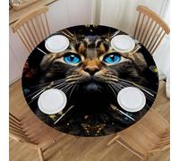 Mexpekil Round Tablecloths, Cat Portrait Butterflies Elastic Edged Round Table Cover, Wipeable Oil-Resistant Outdoor Table Cloth for Kitchen Dining Tabletop, 40-44 Inch in Diameter