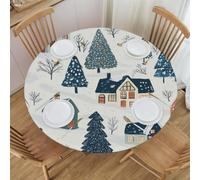 Mexpekil Round Tablecloths, Green Pine House Elastic Edged Round Table Cover, Wipeable Oil-Resistant Outdoor Table Cloth for Kitchen Dining Tabletop, 40-44 Inch in Diameter