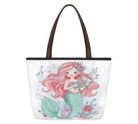 Mexpekil Sea Mermaid Floral Flower Tote Bag for Women, Medium Shoulder Bag Top Handle Satchel Purse Lightweight Reusable Shopping Work Travel Beach Handbag
