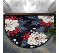 Mexpekil Semi Circle Door Mat, Christmas Flower Holly Leaf Non-Slip Half Moon Entrance Rug, Washable Front Welcome Mat for Indoor Outdoor Kitchen Bedroom Patio