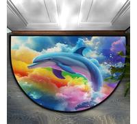 Mexpekil Semi Circle Door Mat, Colorful Rainbow Clouds Dolphin Non-Slip Half Moon Entrance Rug, Washable Front Welcome Mat for Indoor Outdoor Kitchen Bedroom Patio
