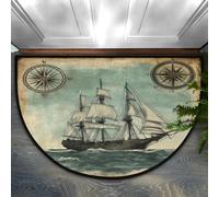 Mexpekil Semi Circle Door Mat, Nautical Map Clipper Ship Non-Slip Half Moon Entrance Rug, Washable Front Welcome Mat for Indoor Outdoor Kitchen Bedroom Patio
