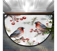 Mexpekil Semi Circle Door Mat, Watercolor Winter Bullfinches Holly Leaf Non-Slip Half Moon Entrance Rug, Washable Front Welcome Mat for Indoor Outdoor Kitchen Bedroom Patio