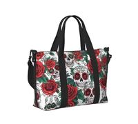 Mexpekil Skulls Red Roses Travel Duffel Bag Waterproof Sports Gym Bag Large Weekend Overnight Bags for Women Men Foldable Carry On Luggage Tote Bag for Flight