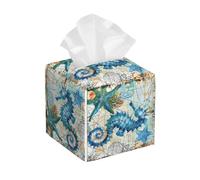 Mexpekil Square Tissue Box Cover Blue Green Seahorse World Map PU Leather Waterproof Tissue Box Holder Facial Paper Tissue Cube for Car Bathroom Kitchen