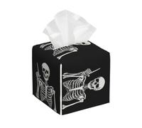 Mexpekil Square Tissue Box Cover Leather Tissue Box Holder Waterproof Cube Tissues Storage Box Decorative Organizer for Home Car Office (Skeleton Smiling)
