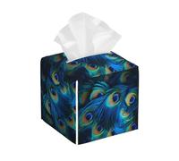 Mexpekil Square Tissue Box Cover Peacock Blue Feather Pu Leather Tissue Box Cover Cube Tissue Box Holder For Bathroom Office Car Kitchen Napkins Facial Tissue Dispenser Cover