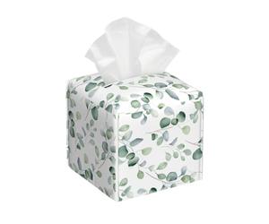 Mexpekil Square Tissue Box Cover With Green Eucalyptus Leaves Pattern - PU Leather Holder for Bathroom Car Napkins and Facial Dispenser