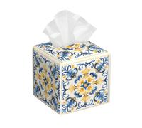 Mexpekil Square Tissue Box Cover Yellow Blue Folk Floral Tile Pattern PU Leather Waterproof Tissue Box Holder Facial Paper Tissue Cube for Car Bathroom Kitchen