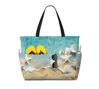 Mexpekil Starfish Shells Sea Large Beach Bags for Women Men Waterproof Sandproof Beach Tote Bag with Zip and Pockets Foldable Summer Holiday Handbags for Travel Pool Seaside