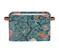 Mexpekil Storage Boxes for Shelves with Handle Collapsible Cube Storage Baskets Teal Birds Flowers Fabric Shelf Baskets Toy Storage Organiser for Home Nursery 1PC
