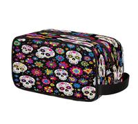 Mexpekil Sugar Skull Flower Pattern Toiletry Bag Organizer Wash Bag Cosmetic Makeup Bag Storage Pouch Travel Case for Women Men Boys Girls