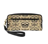 Mexpekil Sugar Skull Pencil Case Vintage Travel Makeup Pouch Pen Bag Holder Purse Leather Cosmetic Makeup Brush Bag Stationery Box for Kids Girls Boy School Office Supplies