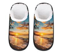 Mexpekil Summer Ocean Beach Sunset Fluffy Slippers for Women Men L