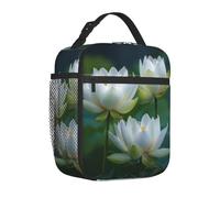 Mexpekil Summer White Lotus Insulated Lunch Bag for Women Men Thermal Lunch Box Portable Picnic Cooler Bag with Side Mesh Pocket Adults Lunchbox for Work