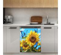 Mexpekil Sunflowers Blue Butterflies Dishwasher Magnet Cover 21x26Inch Decorative Dish Washer Sticker for Front Door Waterproof Kitchen Appliance Panel Magnetic Decal