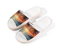 Mexpekil Sunset Beach Palm Tree Slippers for Women Men, Open Toe House Shoes Memory Foam Linen Slippers Summer Sliders for Indoor Outdoor, L