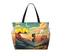 Mexpekil Sunset Mountain Nature Large Beach Bags for Women Men Waterproof Sandproof Beach Tote Bag with Zip and Pockets Foldable Summer Holiday Handbags for Travel Pool Seaside